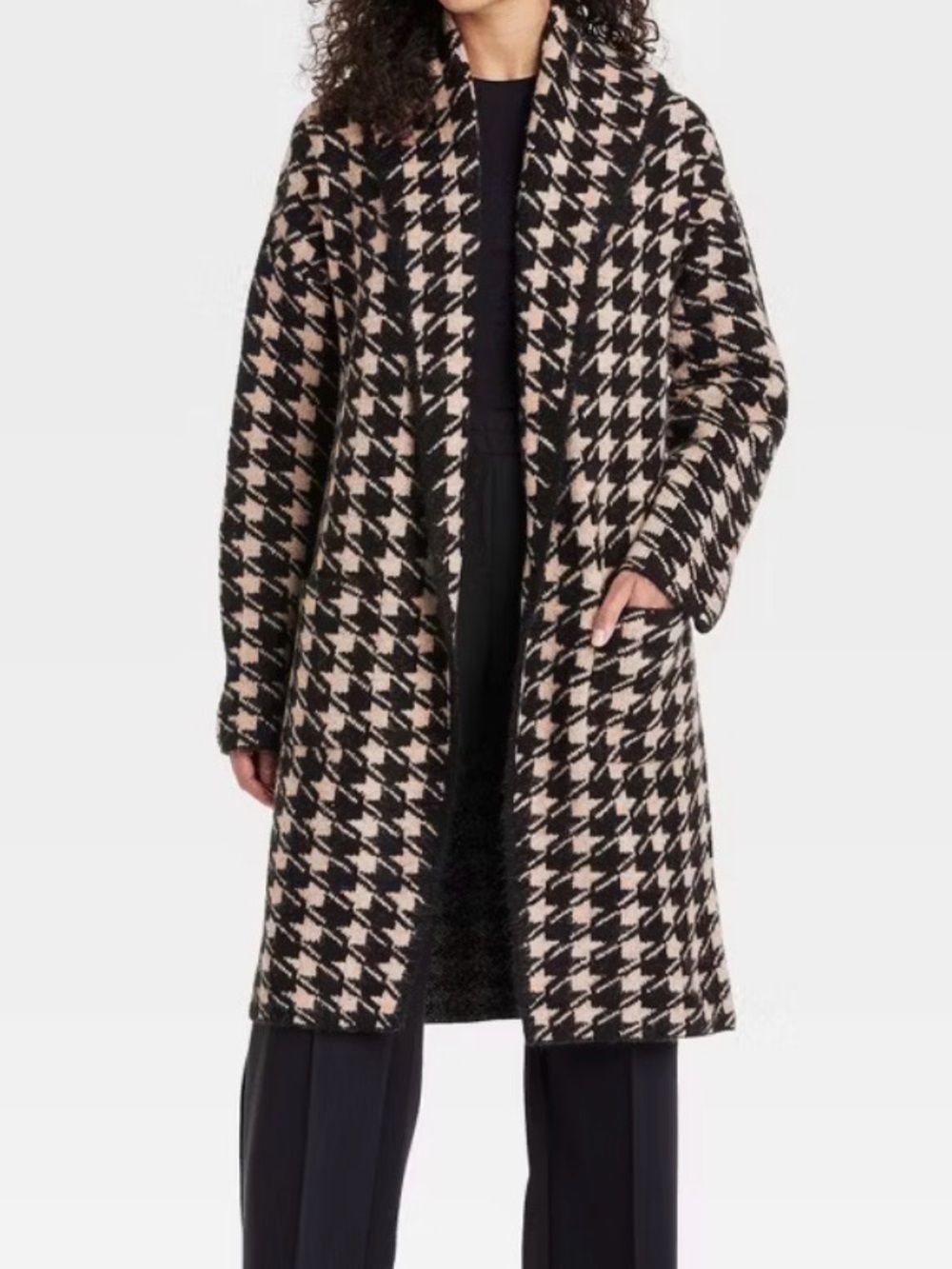 Houndstooth Open-Front Long Sweater- Black & Cream